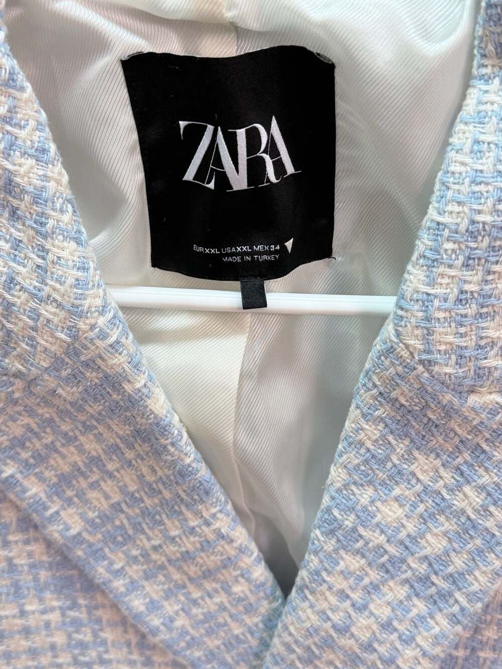 Zara Blue and White Tweed Cropped Double Breasted Blazer XXL - Picture 3 of 4